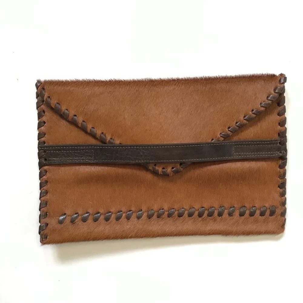 Laggo Polka Envelope Clutch Bag Purse Womens Brown Pony Hair Leather Bohemian